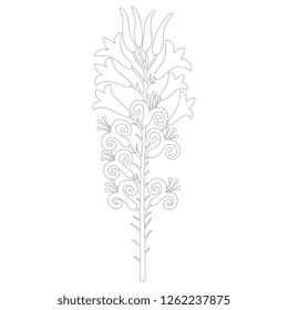Isolated vector illustration. Branch of stylized white lily blossom. Based on ancient Cretan Minoan motif. Black and white linear silhouette.