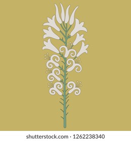 Isolated vector illustration. Branch of stylized white lily blossom. Based on ancient Cretan Minoan motif. Cartoon style. On yellow gold background.