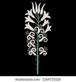 Isolated vector illustration. Branch of stylized white lily blossom. Based on ancient Cretan Minoan motif. Cartoon style. On black background.