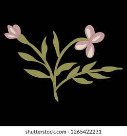 Isolated vector illustration. Branch of stylized wild flower. Vintage style. On black background.