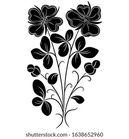 Isolated vector illustration. Branch of stylized flowers. Black and white silhouette.