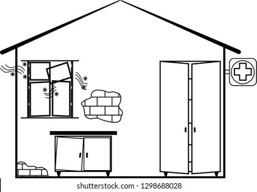 Isolated Vector Illustration Of The Broken Building / Room / Medical Cabinet / Pharmacy With Old Furniture And Sagging Window