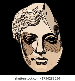 Isolated vector illustration. Broken head of beautiful antique female sculpture. Ancient Greek or Roman goddess. Hand drawn colorful sketch.