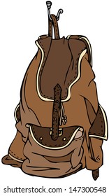 Isolated vector illustration of a brown leather backpack with pockets and a buckle hanging on a metal hook. Can be resized 