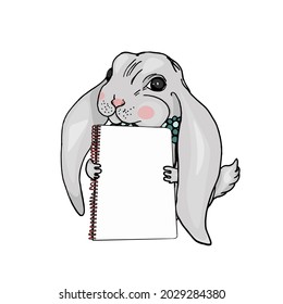 Isolated vector illustration of a bunny with a notepad against a white background. Mockup with animals blank for designer, logo, icon, textile