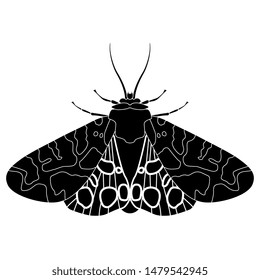 Isolated vector illustration of a butterfly. Garden tiger moth. Arctia caja. Black and white silhouette.