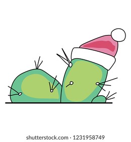 Isolated vector illustration. Cactus clad in Santa Claus hat. Funny Christmas or New Year idea. Hand drawn sketch. Cartoon style.
