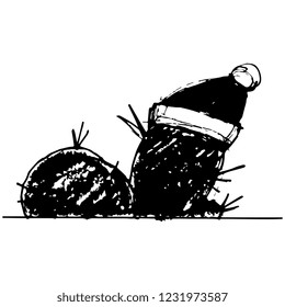Isolated vector illustration. Cactus clad in Santa Claus hat. Funny Christmas or New Year idea. Hand drawn sketch. Black and white silhouette.