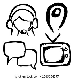 Isolated Vector Illustration of Call Center, GPS, Message, Television. Outline, Silhouette, Flat, Icon, Sign, Logo, Symbol, Object, Graphic Design, Background, Element, Illustration for Print.