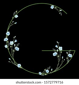 Isolated vector illustration. Capital letter G with floral motifs. Botanical font with branches of flax flower. On black background.