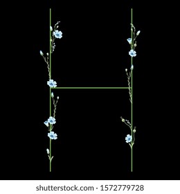 
Isolated vector illustration. Capital letter H with floral motifs. Botanical font with branches of flax flower. On black background.