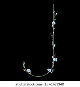 Isolated vector illustration. Capital letter J with floral motifs. Botanical font with branches of flax flower. On black background.