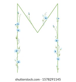 Isolated vector illustration. Capital letter M with floral motifs. Botanical font with branches of flax flower.