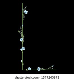 Isolated vector illustration. Capital letter L with floral motifs. Botanical font with branches of flax flower. On black background.