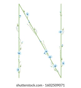 Isolated vector illustration. Capital letter N with floral motifs. Botanical font with branches of flax flower.