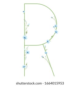 Ilustración vectorial aislada. Letra mayúscula R con motivos florales. Fuente botánica con ramas de flor de lino.