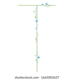 Isolated vector illustration. Capital letter T with floral motifs. Botanical font with branches of flax flower.