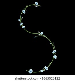 Isolated vector illustration. Capital letter S with floral motifs. Botanical font with branches of flax flower. On black background.