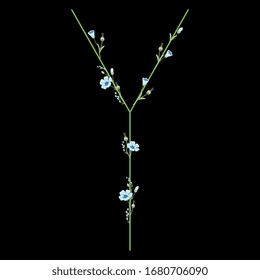 Isolated vector illustration. Capital letter Y with floral motifs. Botanical font with branches of flax flower. On black background.