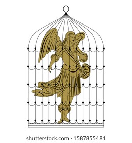 Isolated vector illustration. Captive angel in a bird's cage. Creative concept. 