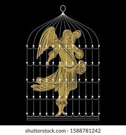 Isolated vector illustration. Captive angel in a bird's cage. Creative concept. 