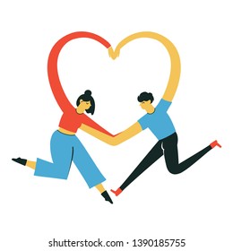 Isolated vector illustration with cartoon adult couple of man and woman who hugs and makes heart sign by hands. Greeting card design, home decoration poster, invitation template