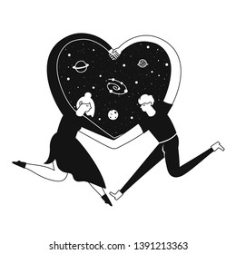 Isolated vector illustration with cartoon adult couple of man and woman who hugs, make heart sign by hands and the black universe inside. Galaxy, moon, planets and stars. Romantic print design