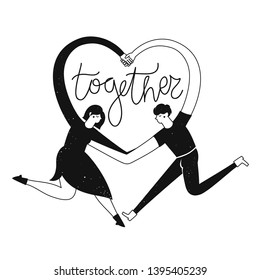 Isolated vector illustration with cartoon adult couple of man and woman who hugs and makes heart sign by hands. Together - calligraphy word. Romantic typography poster with young holding hands people 