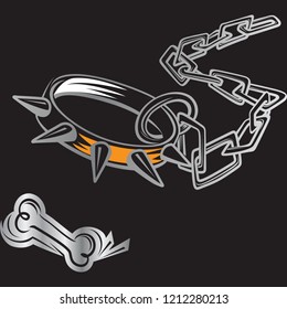 Isolated vector illustration of cartoon bone, iron chain and dog collar with spikes.

