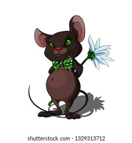 Isolated vector illustration of a cartoon mouse hiding a flower behind its back.