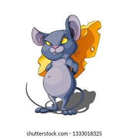 Isolated vector illustration of a cartoon mouse hiding piece of cheese behind its back.
