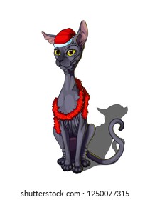 Isolated vector illustration of a cartoon sphynx cat with santa claus hat and a tinsel