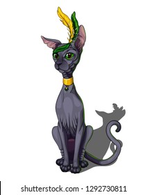Isolated vector illustration of a cartoon sphynx cat with a feather bandage and trefoil collar