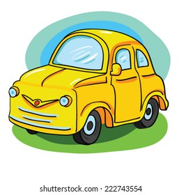 isolated vector illustration with cartoon toy yellow machine on the background of sky and grass 