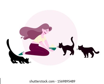 Isolated vector illustration of cat lover doing her daily routine being surrounded by pets. Funny female character with her cats, cat owner life.