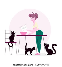 Isolated vector illustration of cat lover doing her daily routine being surrounded by pets. Funny female character with her cats, cat owner life.