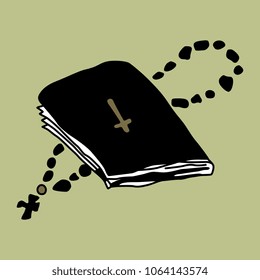 Isolated vector illustration. Catholic Bible and a rosary. Hand drawn art.