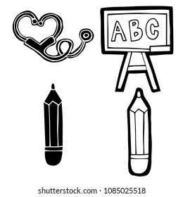 Isolated Vector Illustration of Chalkboard, Pencil, Stethoscope Medical. Outline, Silhouette, Flat, Icon, Sign, Logo, Symbol, Object, Graphic Design, Background, Element, Illustration for Print.