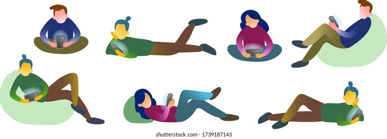 Isolated vector illustration of characters with smartphones. Collection of people holding gadgets and send mail. Human with devices send message.