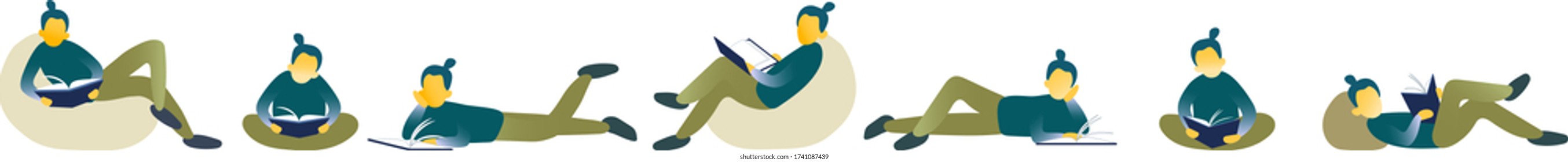 Isolated vector illustration of characters with textbook. Collection of student preparing exams. Reading and studying person.