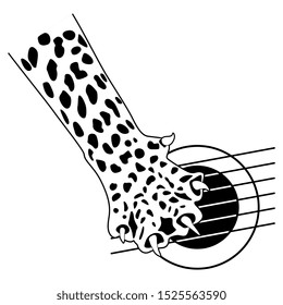 Isolated vector illustration. Cheetah paw playing the guitar. Black and white silhouette.