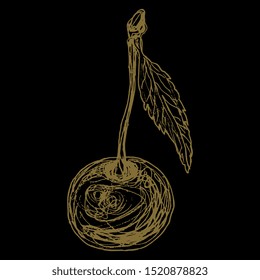 Isolated vector illustration. Cherry berry with leaf. Hand drawn rough sketch. Golden silhouette on black background.