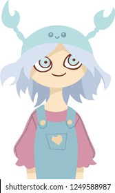 Isolated vector illustration. A child with a crab-shaped hat. Cartoon style illustration