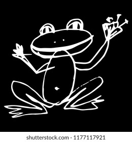 Isolated vector illustration. Children's drawing of a funny smiling frog. Hand drawn linear sketch. White silhouette on black background.