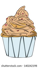 Isolated vector illustration of a chocolate vanilla caramel fudge icing swirl cupcake with red and pink berries in a blue cupcake case.  