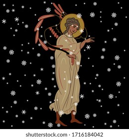 Isolated vector illustration. Christian angel under snowflakes. Beautiful Christmas decor.