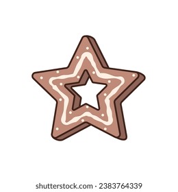 Isolated Vector illustration of Christmas gingerbread star. Sweet festive cookies with glaze and decorations. Element is retro groovy style