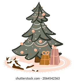 Isolated vector illustration of a christmas tree with gifts for the new year and a cat under the fir