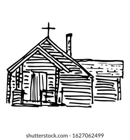 Isolated vector illustration. The Church of Transfiguration in Wyoming. Hand drawn linear doodle ink sketch. Black silhouette on white background.