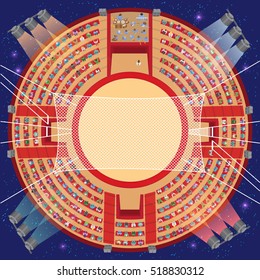 Isolated Vector Illustration. Circus top view. Trampoline for acrobats.
Arena, entrances, seating, floodlights, people, orchestra. (view from above) 